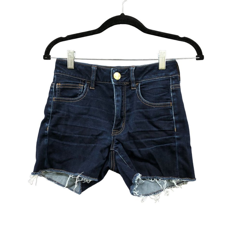 American Eagle Hi-Rise Shortie Denim‎ Shorts Womens 2 Blue Dark Wash Cutoff